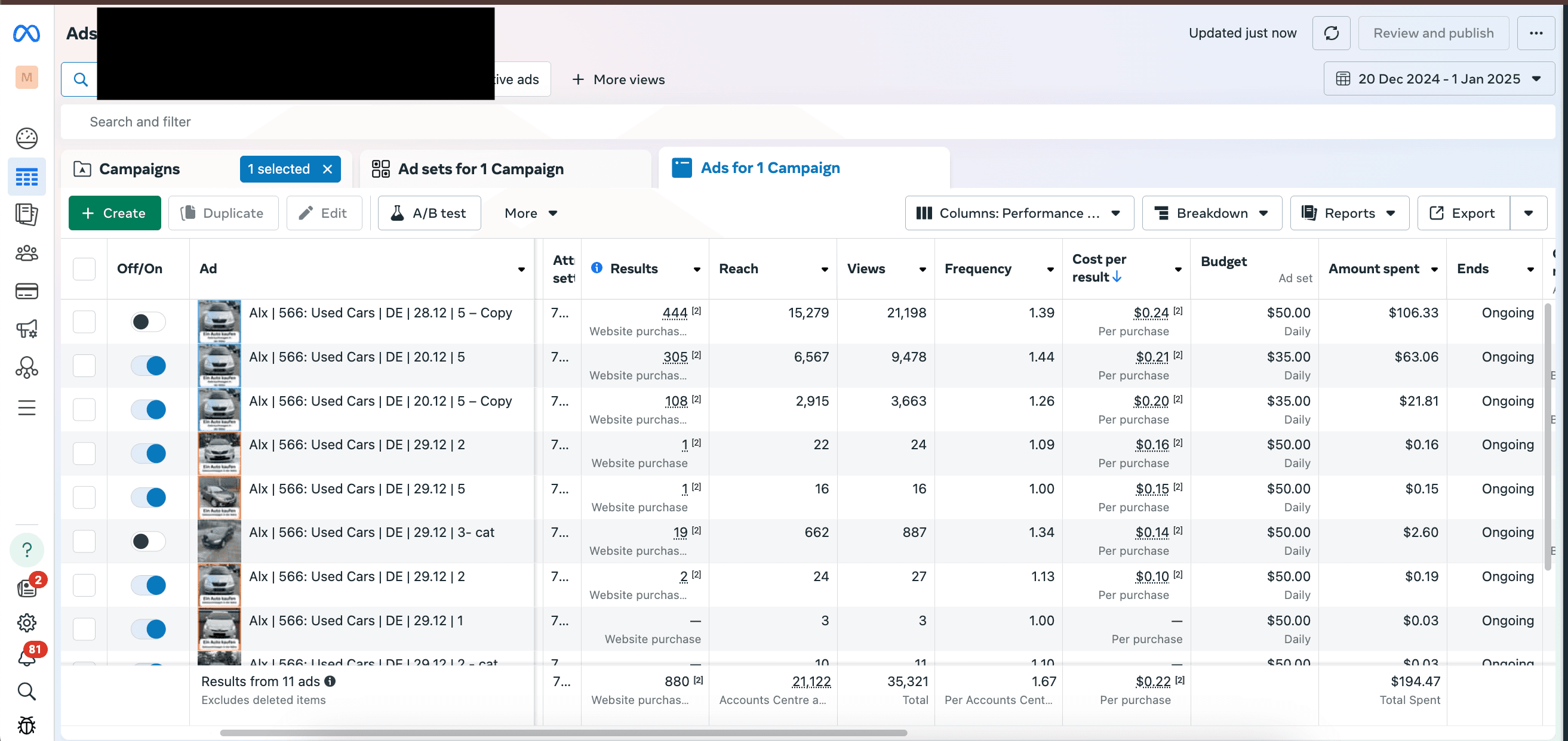 Meta Ads — 1,975 purchases, 21K reach, 35K views